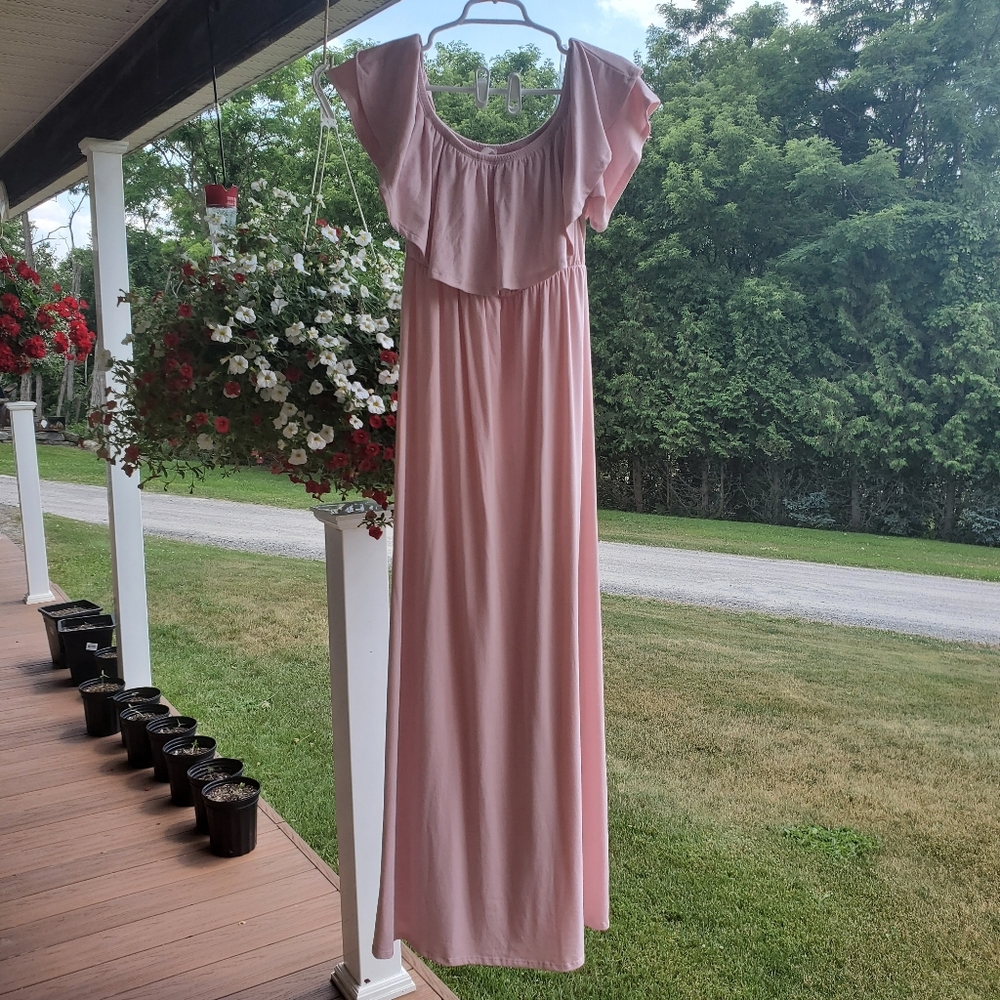 Pinkblush Ruffle Off Shoulder Maternity Maxi Dress Pastel Pink Stretch Pregnancy - Picture 6 of 14
